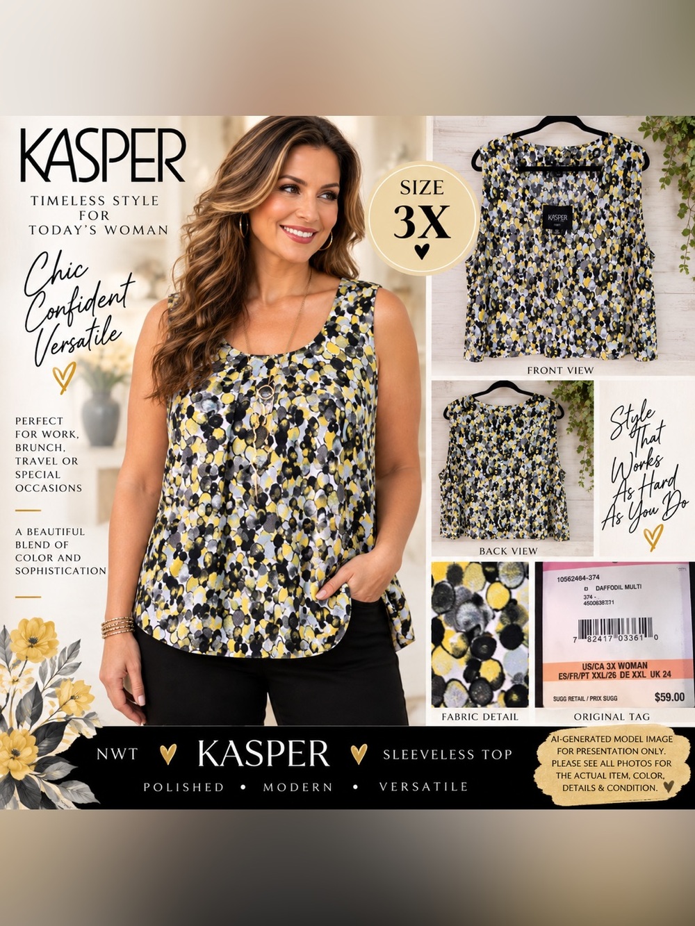 Kasper Daffodil Multi Abstract Print Sleeveless Top 3X